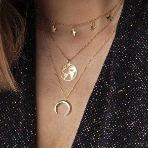 Layered Gold Star Map Earth Moon Necklace